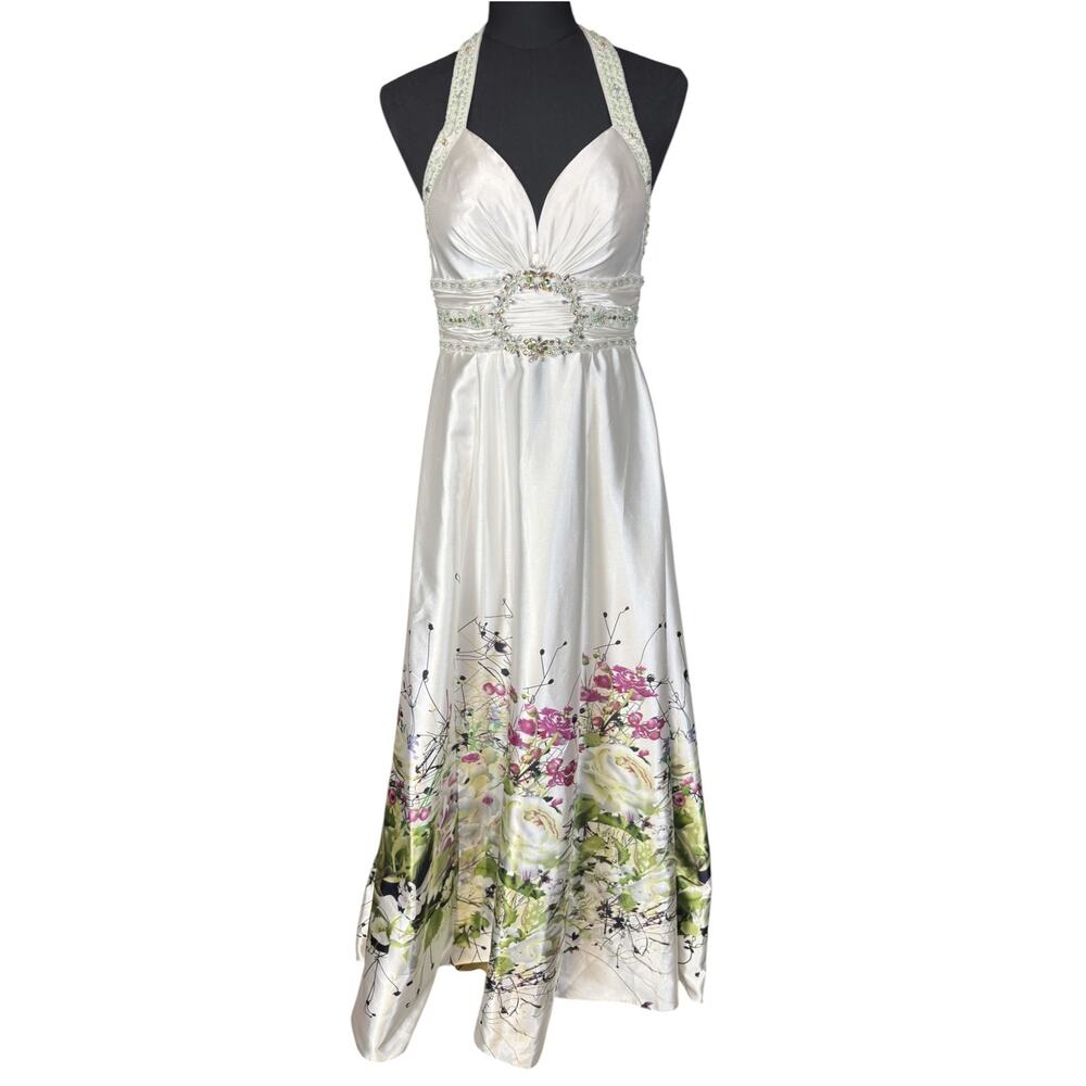 Alyce Designs Vintage Beaded Satin Floral Halter Dress Size 6 Formal Prom